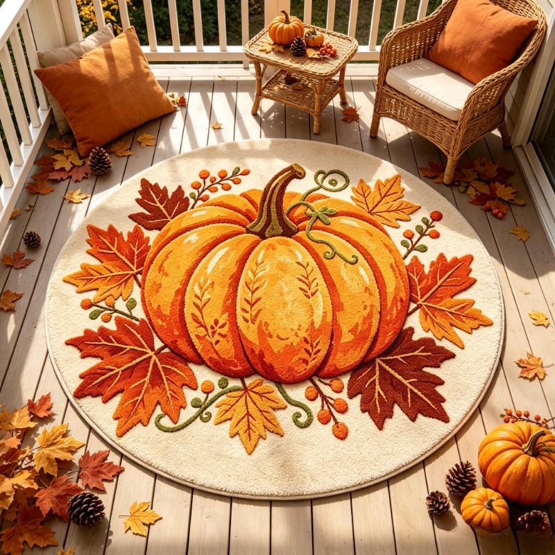 Wholesale Commercial Printing - Herbst-Kürbis-Ernte Runder Teppich, Herbst-Ahornblatt-Beeren-Thanksgiving Saisonbedingt Bedruckte
