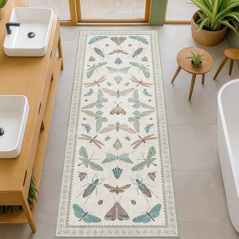Commercial Printing Format - Läuferteppich mit Insekten-Schmetterlings-Libellen-Motiv, Boho-Natur-Themen-Teppich, saugfähige Anti-Rutsch-Matte